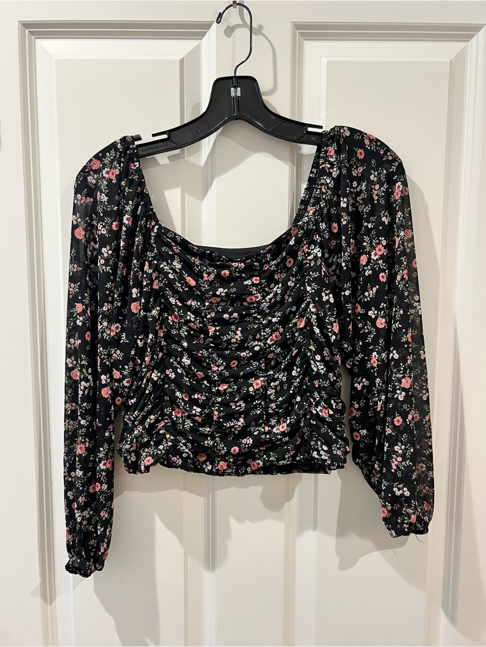 Crave Fame Black Floral Ruched Long-Sleeve Blouse